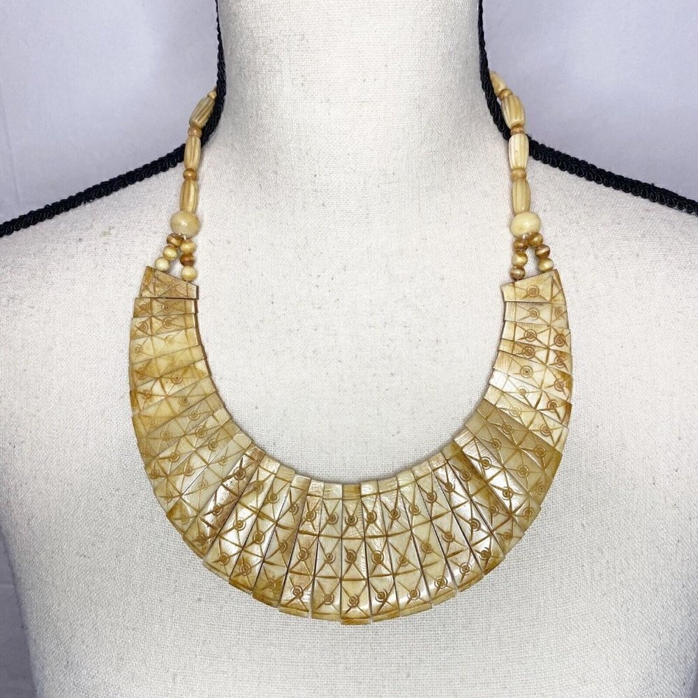 Vintage Tribal Necklace Engraved Graduated Bone Strips Bone Beads Hook Clasp 20”